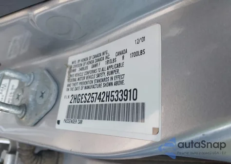 2002 Honda Civic Ex z USA, uszkodzony, nr VIN 2HGES25742H533910